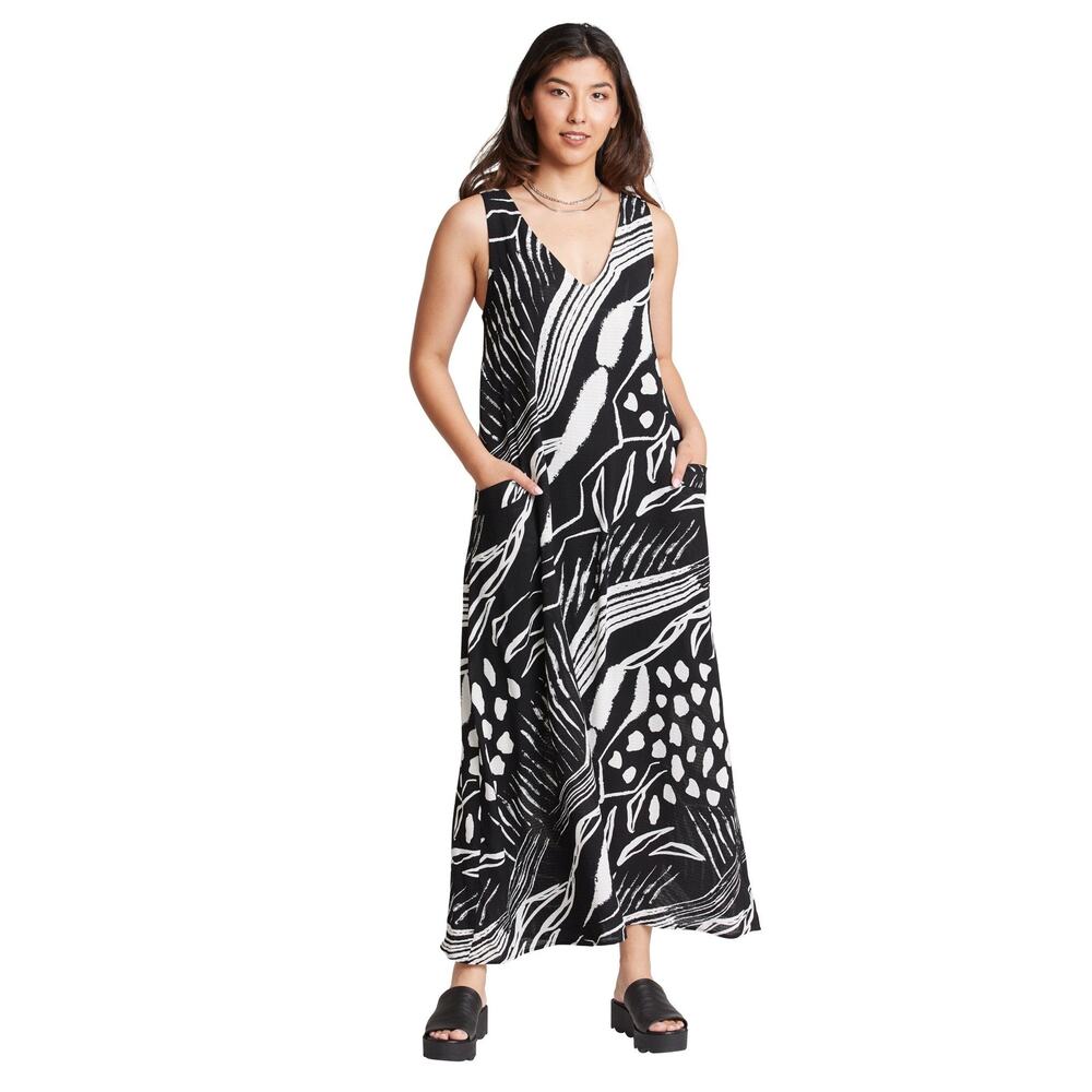Women's Floral Print Maxi V-Neck Dress Size M Black & White Flowy Compli-K NWT